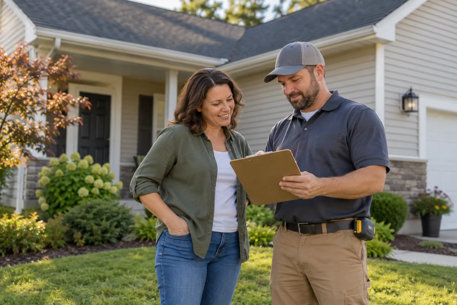 A homeowner reviewing a roofing quote with a local provider